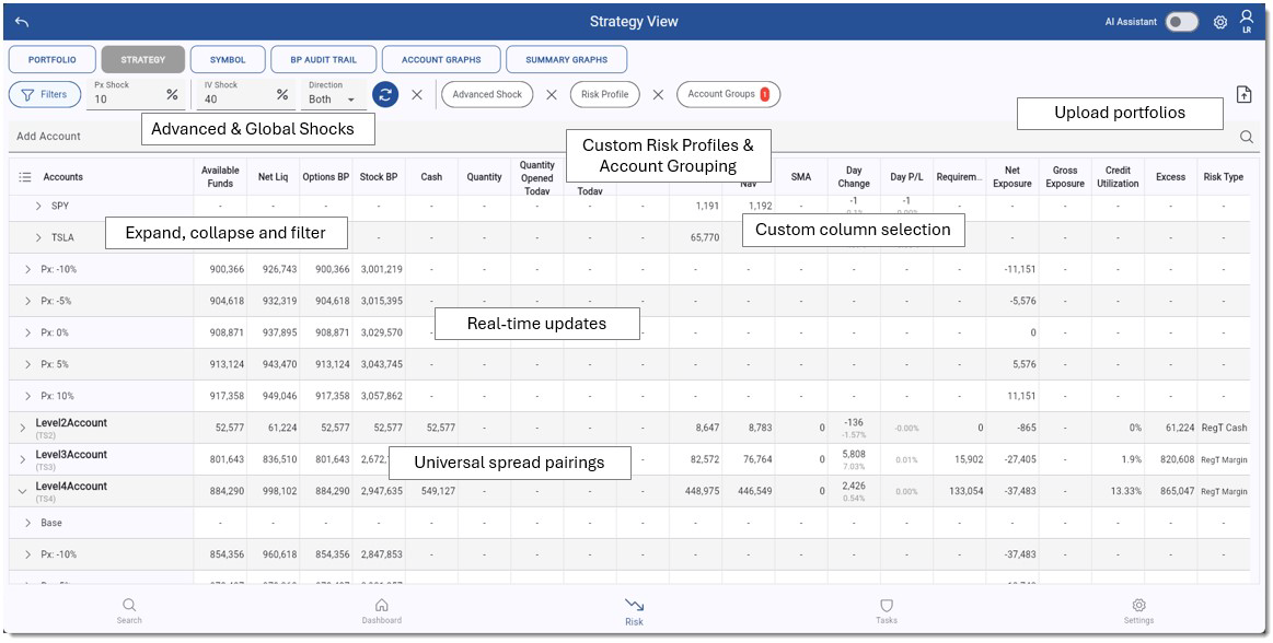 Risk Navigator Strategy View showing portfolio analysis with price and IV shock scenarios